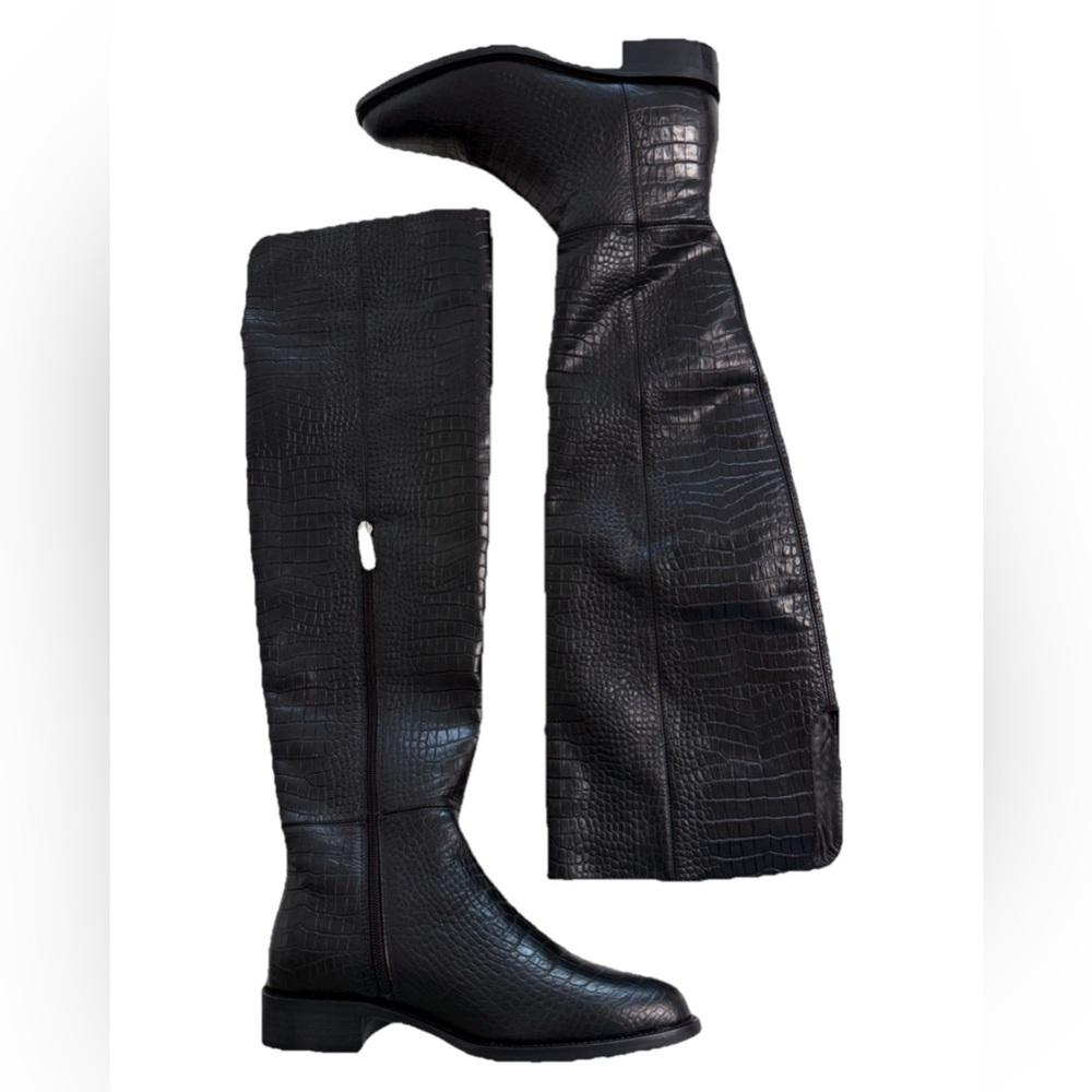 Aquatalia Nahla Weatherproof Croc-Embossed Over-Knee Boots 7.5 M Made in Italy